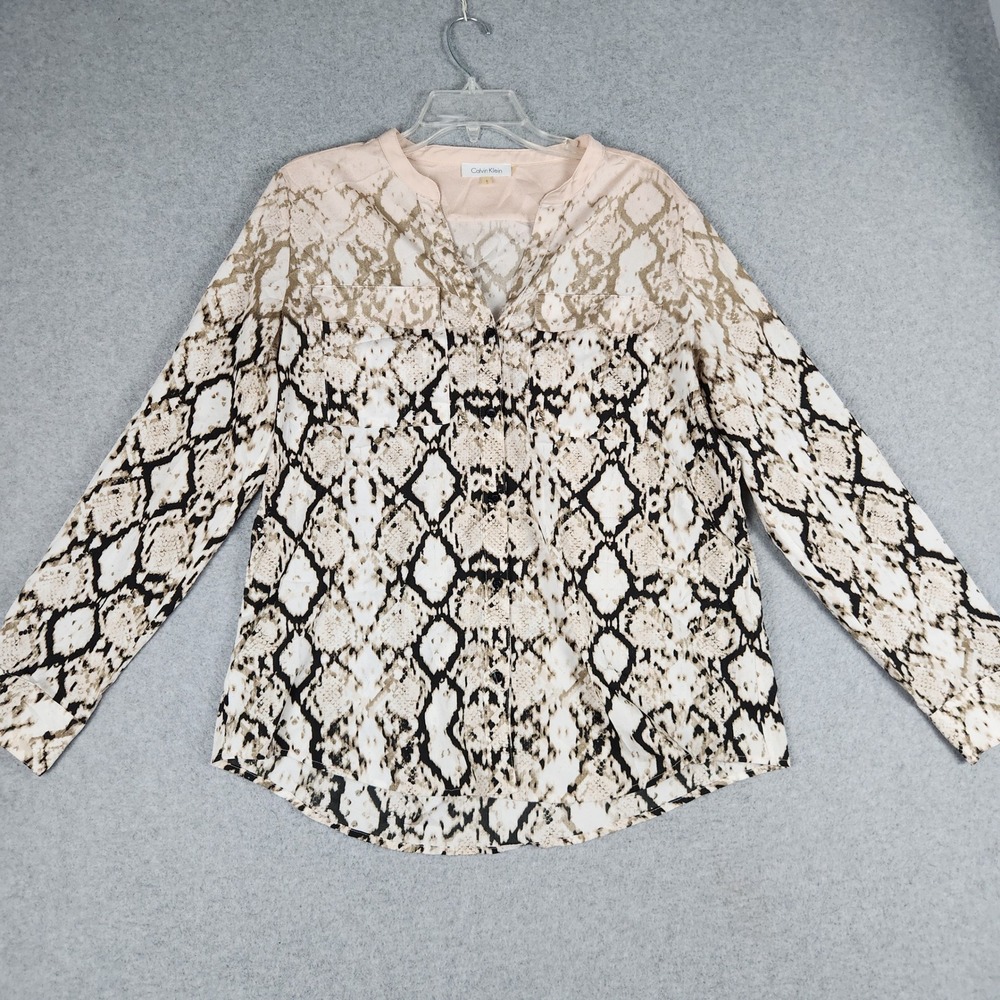 Calvin Klein Blouse Womens L Beige Snakeskin Print Roll Tab Utility Button Front